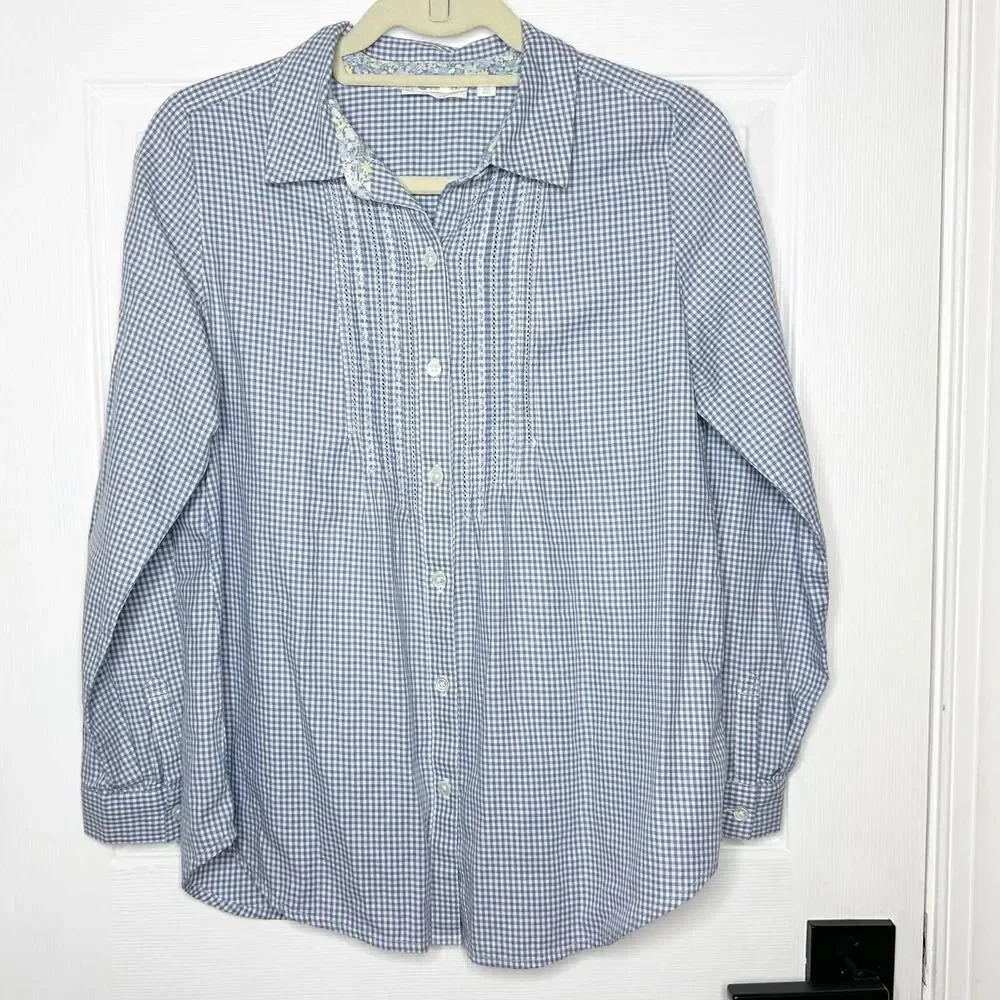 J. JILL Uncommon Threads XS Petite Mini‎ Check Button Down Shirt Pleated Career